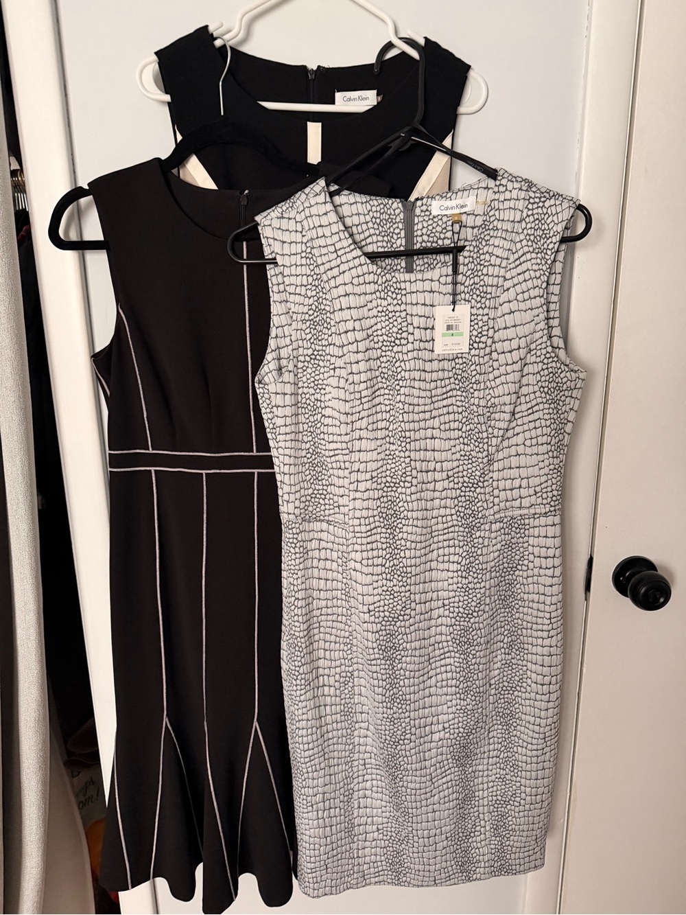Calvin Klein Black Dress with White Piping & White Textured Sleeveless Sheath